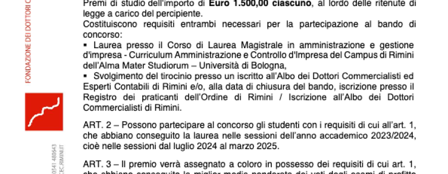 Bando premi di studio per laureati in amministrazione e gestione d’impresa ed orientati allo svolgimento della professione di dottore commercialista 2025